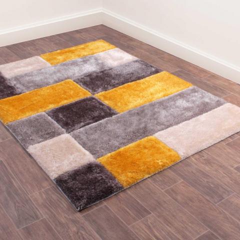 3D Carved Geometric Blocks Rugs in Ochre Yellow