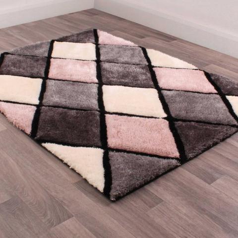 3D Carved Geometric Diamond Rugs in Blush Pink