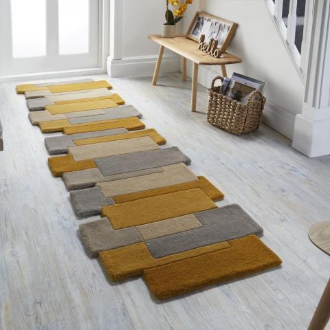 Abstract Collage Wool Hallway Runners in Ochre Multi