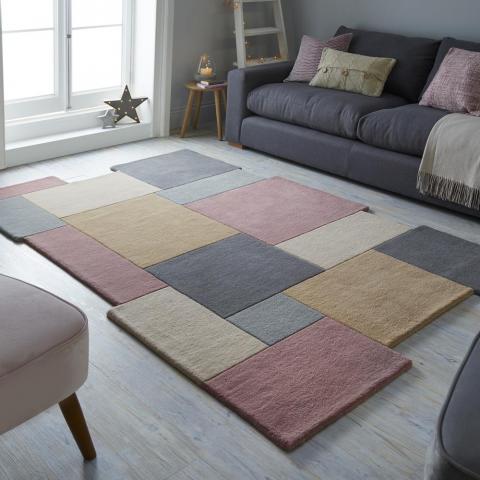 Abstract Collage Wool Rugs in Pastel Pink Grey Multi