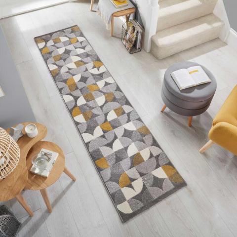 Alcazar Geometric Runner Rugs in Grey Ochre