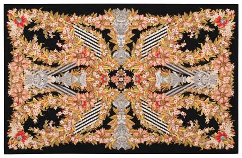 Alexander McQueen Folklore Wallhanging Floral 1.83x1.22m/6'x4' Black/Gold Wool & Silk Floral rug by The Rug Company, Handwoven wool and silk aubusson