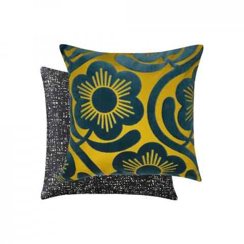 Apple blossom Velvet Cushion in Dandelion Yellow & Whale Blue by Orla Kiely