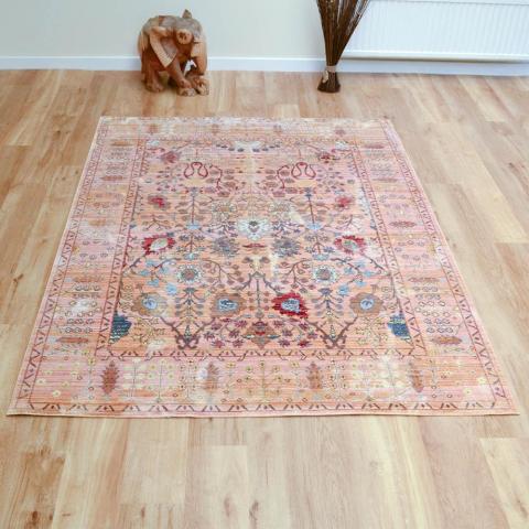 Aqua Silk Traditional Rugs B050b in Beige and Orange