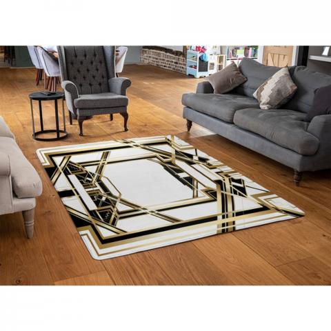 Art Deco Golden Black Frame Designer Rug - Yellow / 110cm