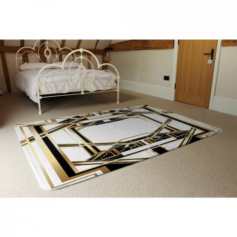 Art Deco Golden Black Frame Designer Rug - Yellow / 230cm