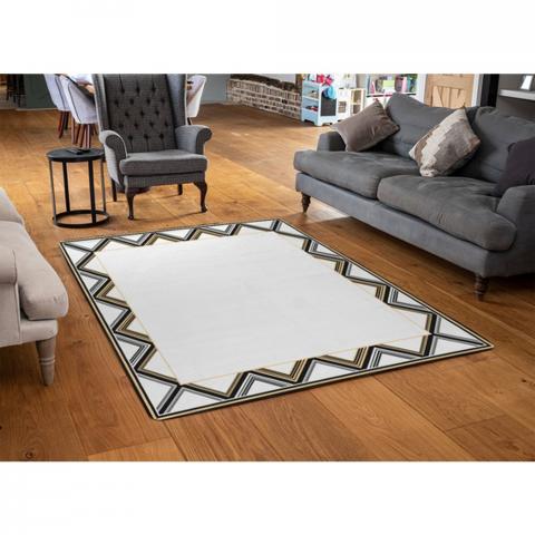 Art Deco Patterned Border Designer Rug - White / 110cm