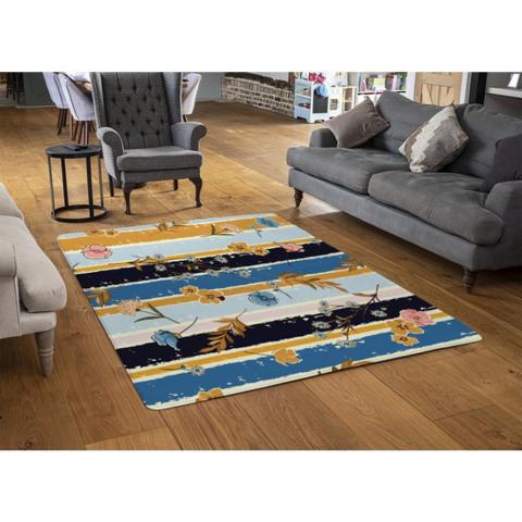 Beautiful Meadow Flowers On Candy Colorful Brush Stripe Designer Rug - Blue / 110cm