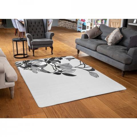 Black  White Flower Illustration Designer Rug - White / 110cm