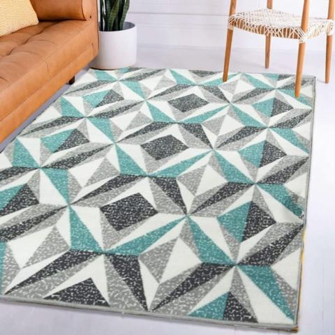 Blue And Grey 3D Geometric Rug - Blue / 160cm / 230cm