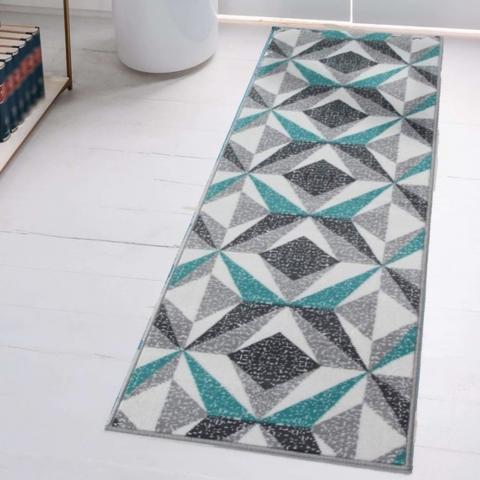 Blue And Grey 3D Geometric Rug - Blue / 60cm / 230cm