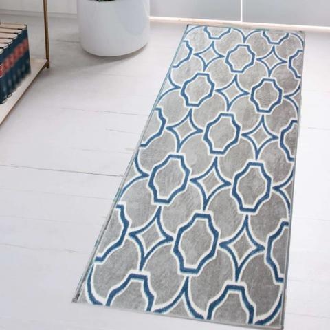 Blue and Grey Moroccan Trellis Rug - Grey / 240cm