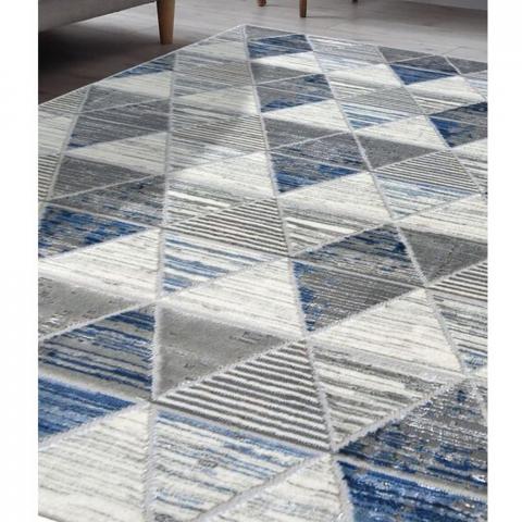 Blue and Grey Shimmering Geometric Rug - Holm - Blue / 170cm