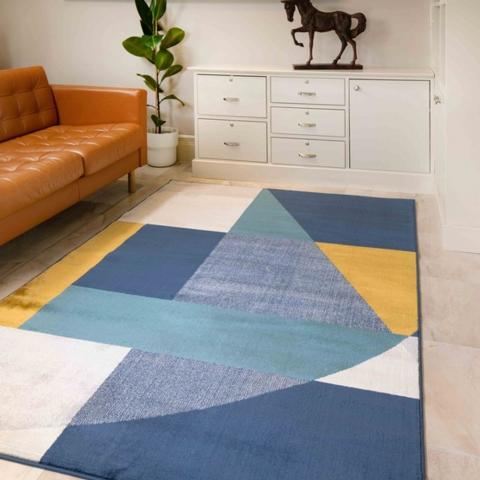 Blue and Yellow Geometric Flatweave Rug - Bergen - Blue / 230cm