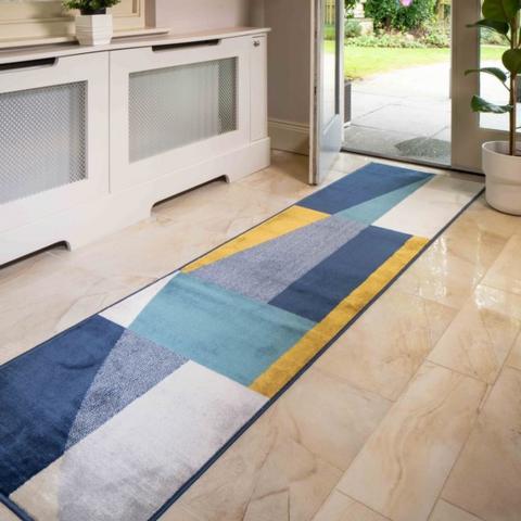 Blue and Yellow Geometric Flatweave Rug - Bergen - Blue / 240cm