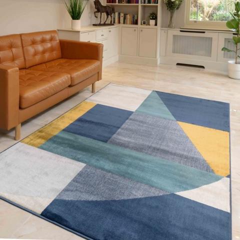 Blue and Yellow Geometric Flatweave Rug - Bergen - Blue / 150cm