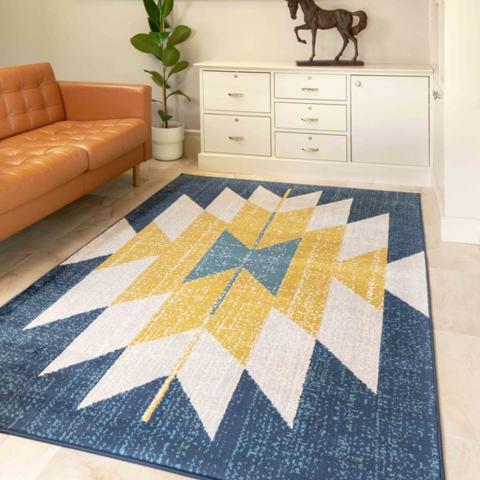 Blue and Yellow Medallion Flatweave Rug - Bergen - Blue / 290cm