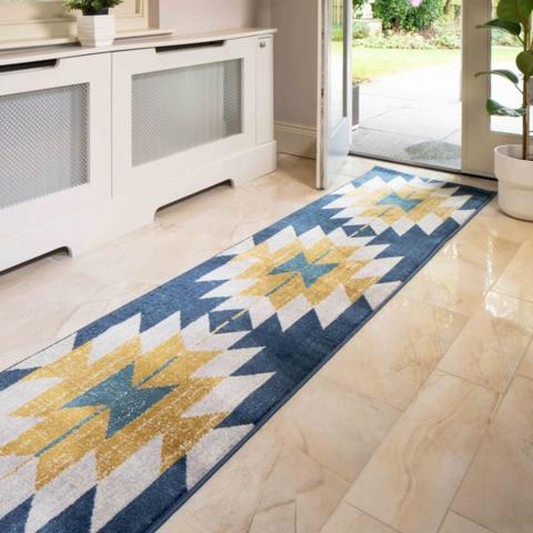 Blue and Yellow Medallion Flatweave Rug - Bergen - Blue / 240cm