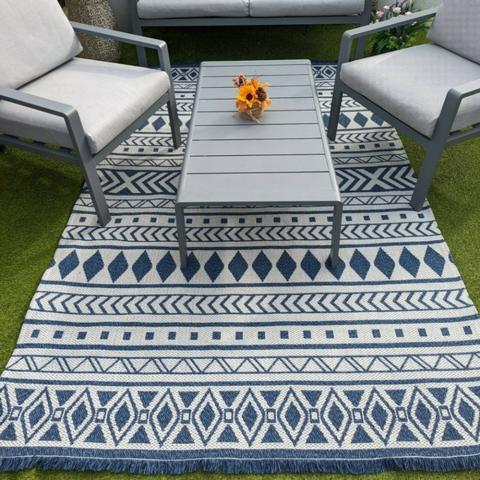 Blue Aztec Indoor Outdoor Patio Rug - Gala - Blue / 160cm