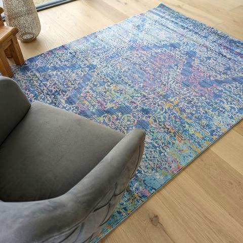 Blue Damask Flatweave Rug - Capella - Blue / 150cm