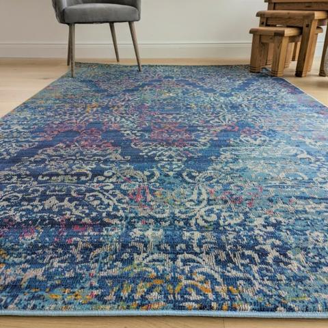 Blue Damask Flatweave Rug - Capella - Blue / 220cm