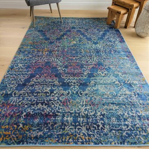 Blue Damask Flatweave Rug - Capella - Blue / 160cm