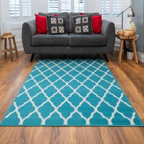 Blue Moroccan Trellis Living Room Rug - Lisbon - Blue / 150cm / 3kg