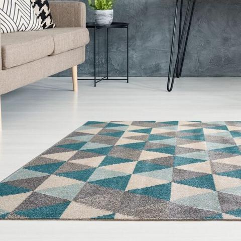 Blue Wool Look Geometric Rug - Perth - Blue / 170cm