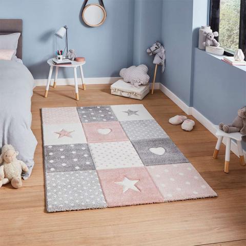 Brooklyn 20339 Childrens Stars and Hearts Pink and Grey Rug 