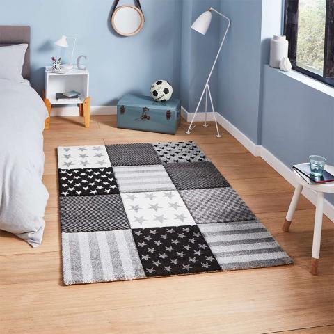 Brooklyn 777 Childrens Stars and Stripes Black and Grey Rug 