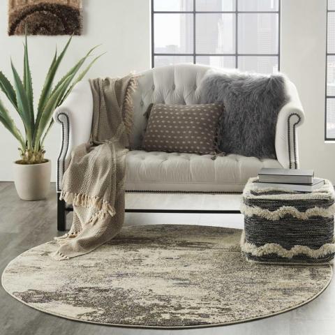 Celestial Abstract Circle Round Rugs CES02 in Ivory Grey by Nourison