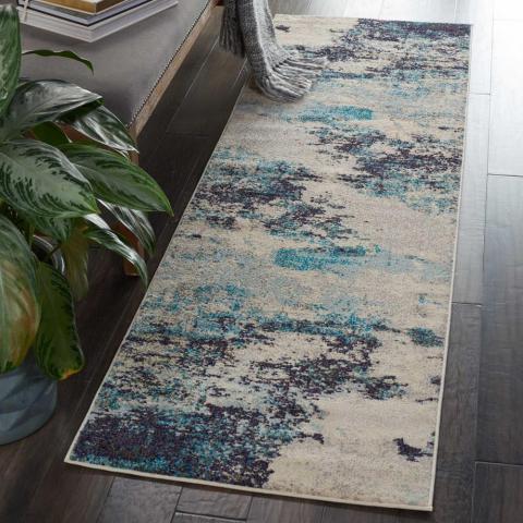 Celestial Abstract Hallway Runner Rug CES02 In Ivory Blue by Nourison