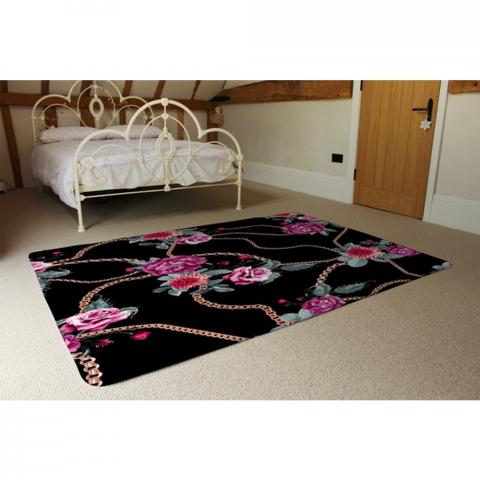 Chain And Flowers Pattern Designer Rug - Black / 230cm