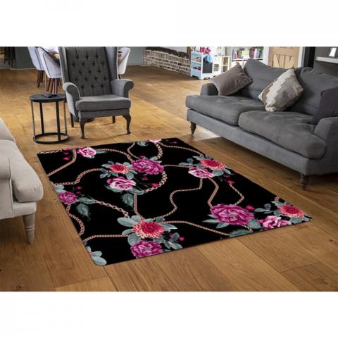 Chain And Flowers Pattern Designer Rug - Black / 110cm