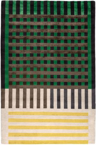 Christopher Kane Grid Construct Geometric 2.74x1.83m/9'x6' Green Art Deco Wool & Silk Geometric rug by The Rug Company, Handknotted Tibetan Wool & Silk