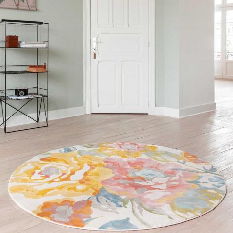 City Modern Floral Circle Round Rugs 466118 AK990 in Multicolour