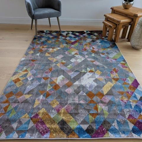 Colourful Geometric Flatweave Rug - Capella - Blue / 160cm