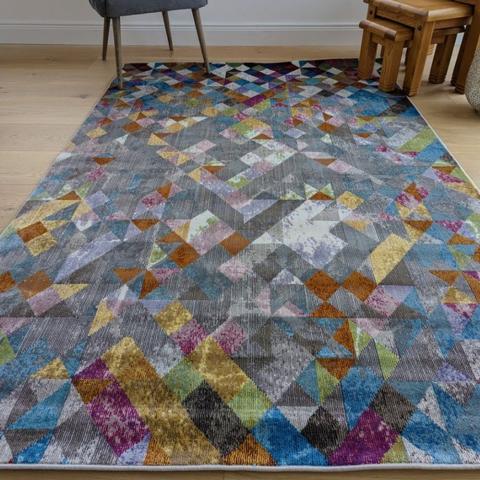 Colourful Geometric Flatweave Rug - Capella - Blue / 220cm