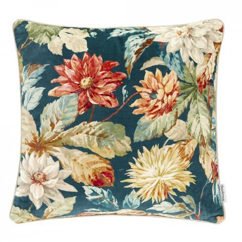 Dahlia Rosehip Velvet Cushion By Sanderson in Teal