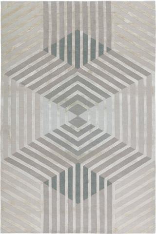 David Rockwell Hex Monochrome 1.83x1.22m/6'x4' Grey Art Deco Wool & Silk Monochrome rug by The Rug Company, Handknotted Tibetan Wool & Silk