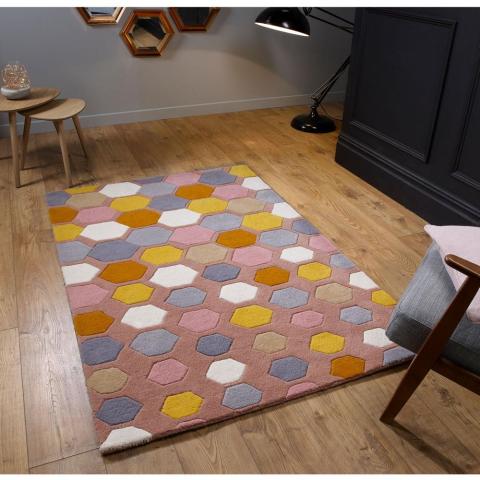 Descent Modern Geometric Hexagon Wool Rugs in Pink Grey and Mustard Yellow