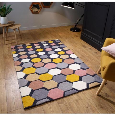 Descent Modern Geometric Hexagon Wool Rugs in Charcoal Grey Mustard yellow