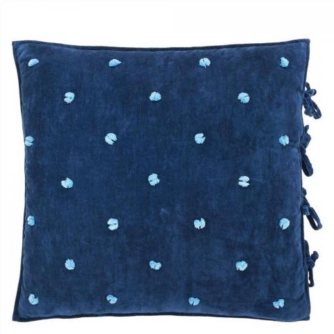 Designers Guild Sevanti Rectangular Quilted Cushion With Pom Poms in Indigo