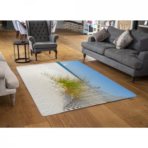 Dune Fence By Sea Grass With Sailboat On Horizon Designer Rug - Blue / 110cm