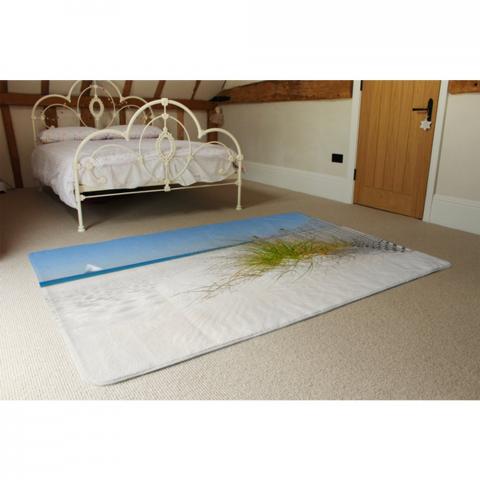 Dune Fence By Sea Grass With Sailboat On Horizon Designer Rug - Blue / 230cm