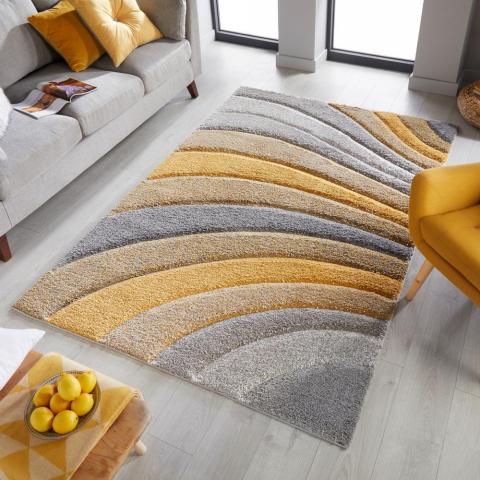 Dune Tidal Geometric Swirl Rugs in Grey Ochre Yellow