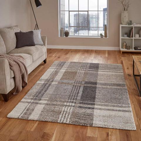 Elegant 4892 Beige Grey Tartan Rug 