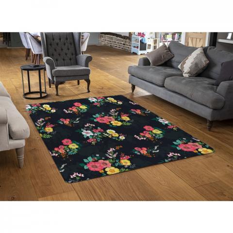 Floral Pattern Designer Rug - Black / 110cm