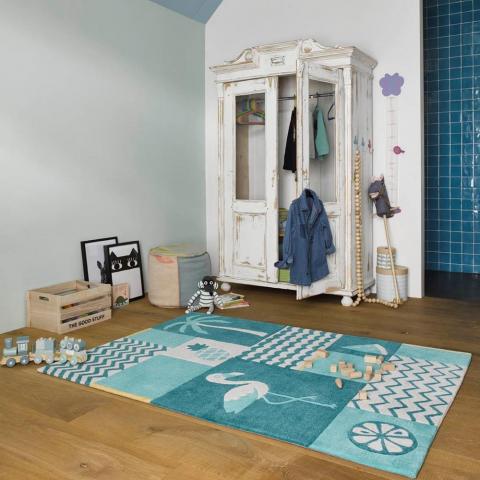 Fruity Flamingo Kids Rugs 4294 01 in Petrol Blue