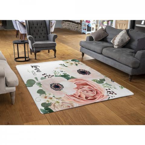 Garden Flower, Pink Peach Rose, White Anemone Designer Rug - Pink / 110cm